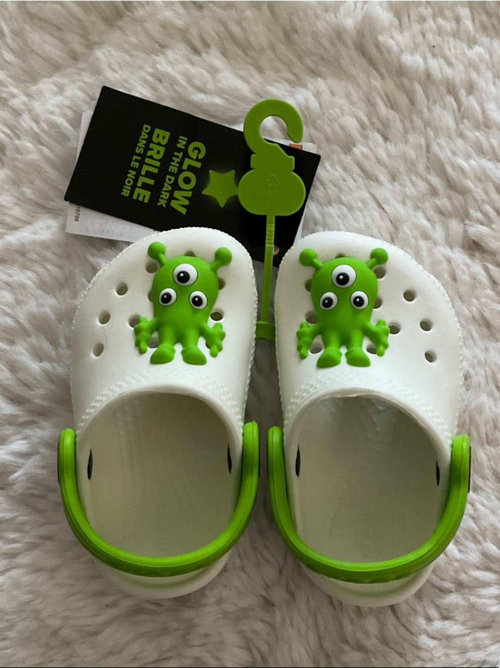 CROCS Kids White Clogs with Green Alien Charms and Green Heel Straps